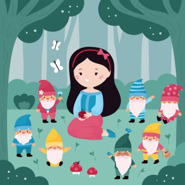 Pamuk Prenses ve Yedi Cüceler. Çocuklar için peri masalı. Kawaii çizgi film prensesi ve orman arka planında cüceler. Çocuk kitabı için vektör illüstrasyonu.