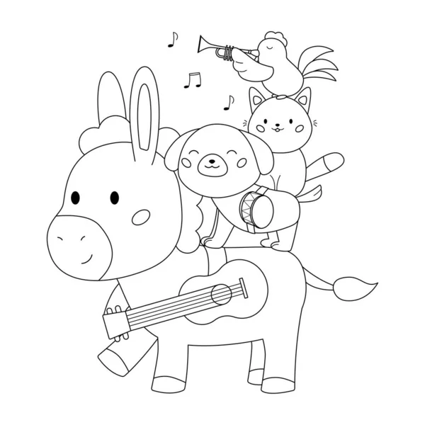 不来梅镇音乐家。Kawaii动物与乐器。卡通驴,狗,猫和公鸡.童话故事给孩子们听彩色书籍的矢量图解. — 图库矢量图片