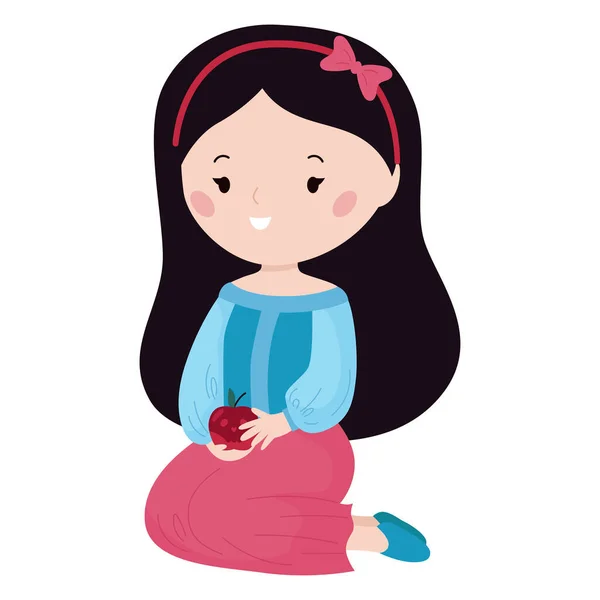 Kawaii Blancanieves con manzana venenosa sobre fondo blanco. Personaje de princesa de dibujos animados. Ilustración vectorial para libro de cuentos de hadas. — Vector de stock