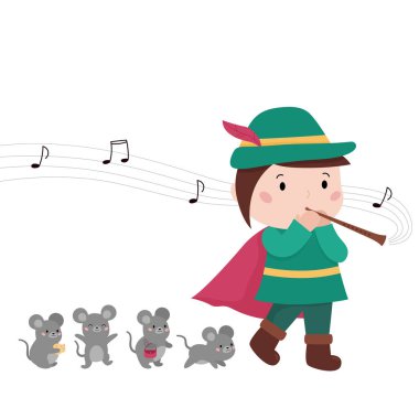 Hamelin 'in farelerle flüt çalan fareli köyün kavalcısı. Beyaz arka planda çizgi film kawaii peri masalı karakterleri. Kitaplar, afişler ve dergiler için vektör illüstrasyonu.