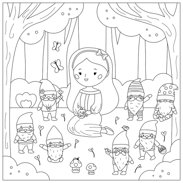 Coloring Page Snow White Seven Dwarfs Cute Cartoon Kawaii Characters — Stock Vector