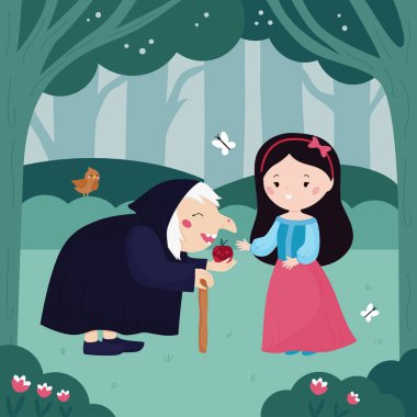 Pamuk Prenses ve Yedi Cüceler Çocuk Masalı. Prenses ve cadı. Çizgi film kawaii karakterleri. Klasik peri masalı. Kitaplar için vektör illüstrasyonu.