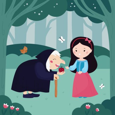 Snow White and the Seven Dwarfs fairy tale for children. Princess and witch. Cartoon kawaii characters. Classical fairy tale. Vector illustration for books. clipart
