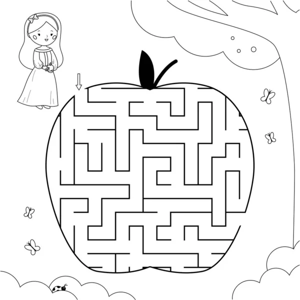Coloring Page Maze Game Cartoon Snow White Princess Apple Shaped —  Vetores de Stock