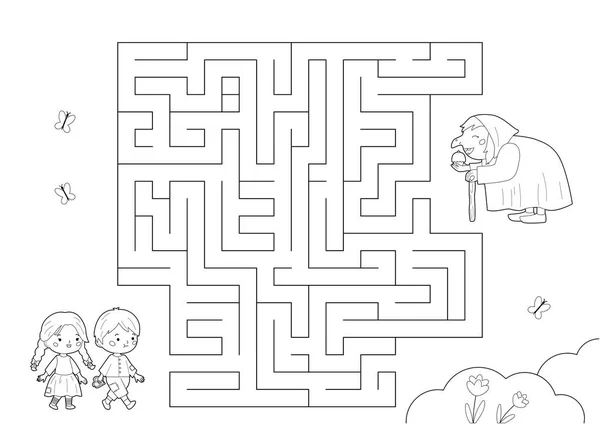 与汉塞尔和格蕾特的迷宫游戏 彩色页面 经典童话人物 教育可打印工作表 给孩子们的谜语矢量说明 — 图库矢量图片