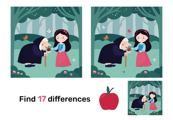 Educational Game Children Find Differences Snow White Princess Witch Kawaii —  Vetores de Stock