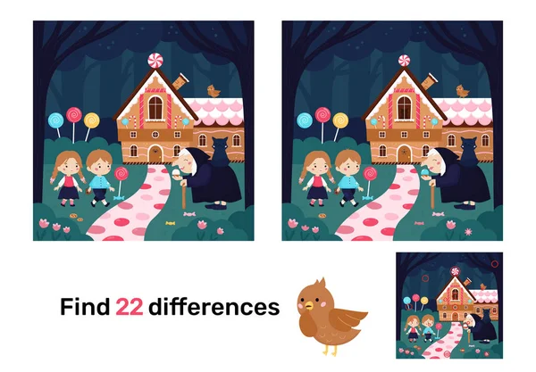 Hansel and Gretel, cartoon candy house with witch. Find differences. Educational game for children. Puzzle for kids. Vector illustration.