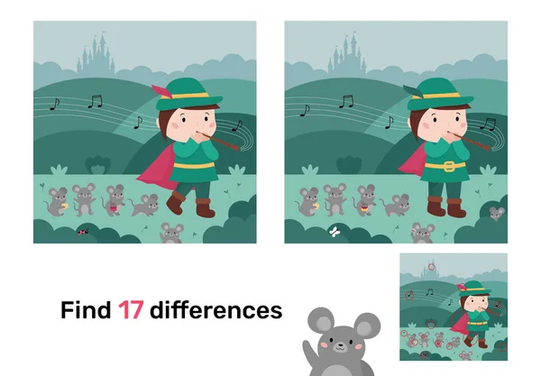 Find Differences Educational Game Kids Classical Fairy Tale Pied Piper — Stockvector