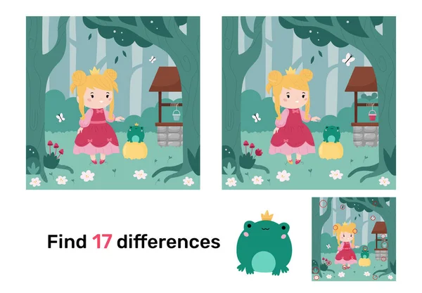 Educational Game Children Find Differences Classical Fairy Tale King Frog — 스톡 벡터