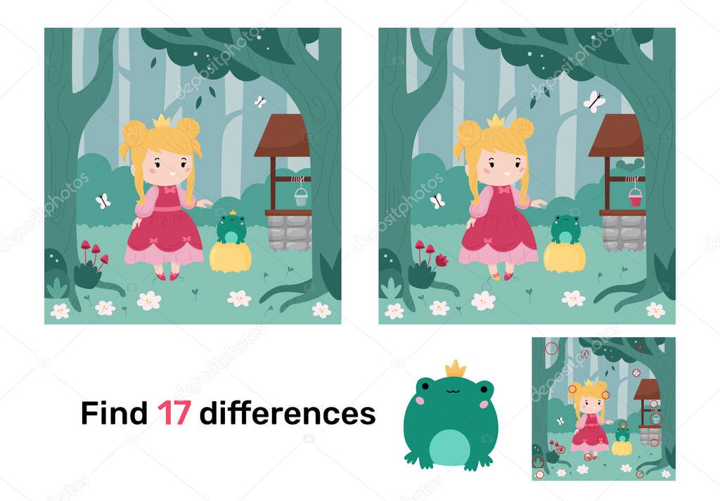 Educational game for children. Find differences. Classical fairy tale King Frog. Princess with prince frog. Cartoon kawaii characters. Puzzle for kids. Vector illustration.