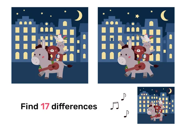 Find Differences Educational Game Bremen Town Musicians Characters Kawaii Cartoon —  Vetores de Stock