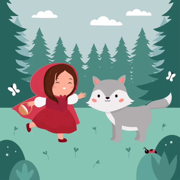 Little Red Riding Hood Gray Wolf Forest Background Classical Fairy — Vector de stock