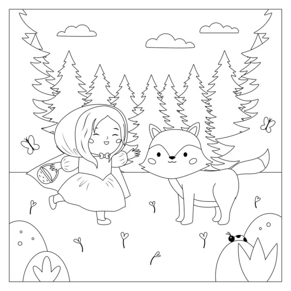 Coloring Page Little Red Riding Hood Wolf Classical Fairy Tale — Vector de stock