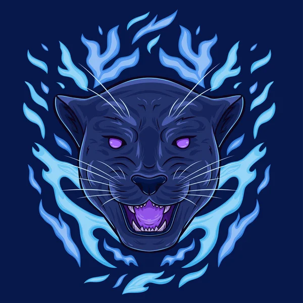 Black Panther Head Blue Flames Neon Purple Blue Colors Cartoon — Vettoriale Stock