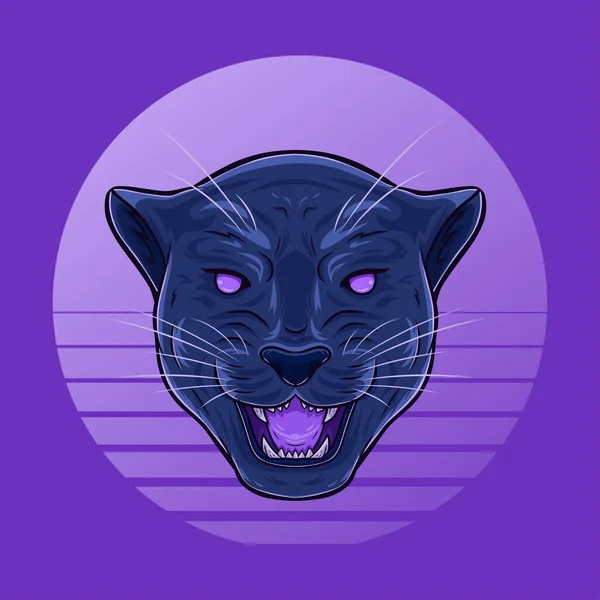 Black Panther Head Sun Silhouette Neon Purple Blue Colors Cartoon — Vettoriale Stock