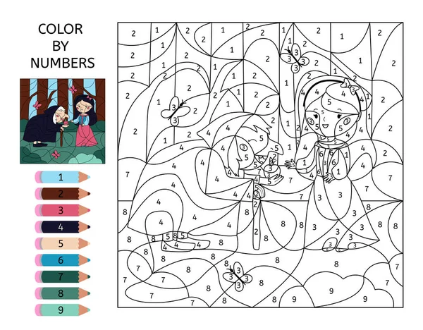 Jogo de cores por números para crianças página para colorir com uma raposa  fofa na floresta planilha para impressão com solução