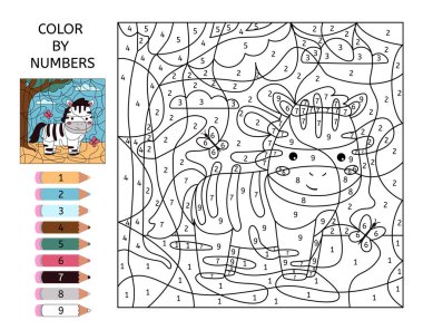 Rakamlara göre renk. Çizgi film zebrası olan boyama sayfası. Afrika hayvanları. Sayıları öğren. Eğitici bir oyun. Çocuklar için bulmaca. Yazdırılabilir çalışma kağıdı. Boyama kitabı için Vektör illüstrasyonu.