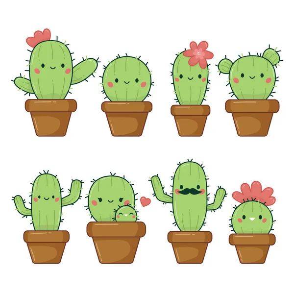 Kolekce Roztomilé Kaktusové Rostliny Šťastnou Tváří Kawaiovské Kreslené Postavičky Dudlíky — Stockový vektor