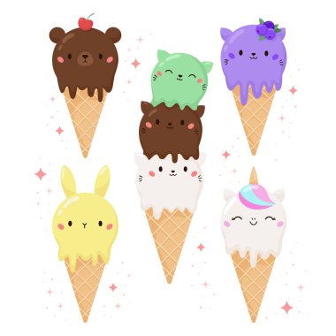Hayvan şekilli dondurma seti. Şirin kawaii ayısı, kediler, tavşan ve tek boynuzlu at. Waffle külahında farklı toplar olan dondurma. Çizgi film yiyecekleri tatlı fırını ürünü.