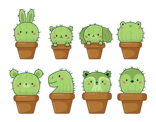 Vektorová Ilustrace Set Roztomilý Kawaii Kaktus Květináčích Kreslené Čmáranice Kaktus — Stockový vektor