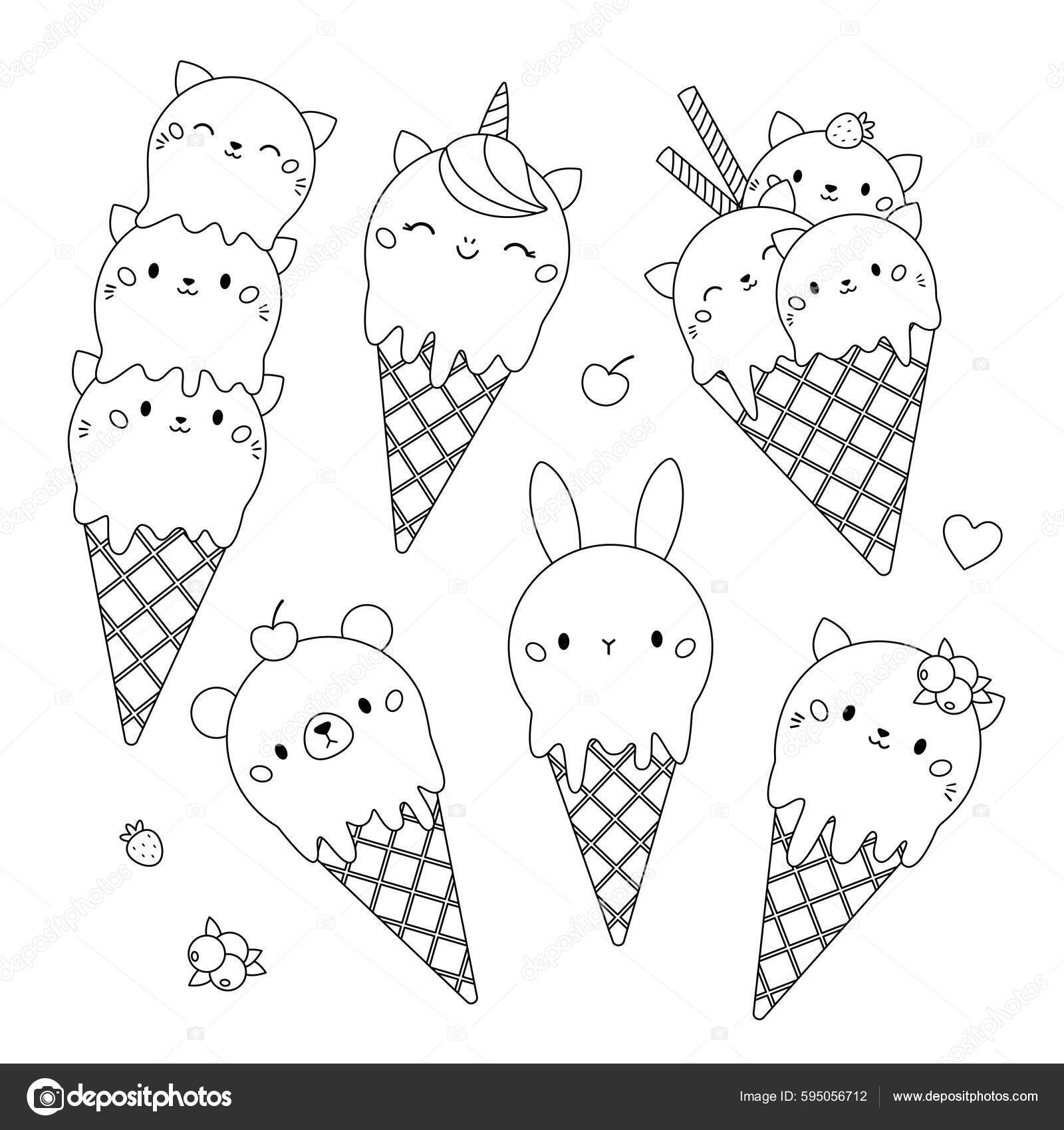 Conjunto de sorvete kawaii bonito com rostos. Desenho para colorir ou livro  para crianças e adultos.