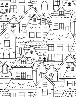Seamless pattern with doodle houses. Hand drawn cityscape. Small town. Black and white vector background.