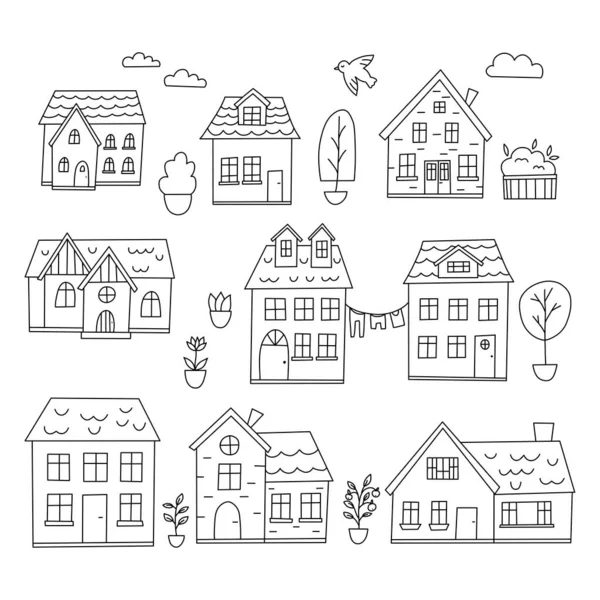 Vector set of doodle houses. Cartoon style illustration. Small town with trees, flowers and bird. Black and white line art.