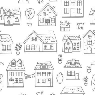 Seamless pattern with doodle houses, trees, plants and birds. Hand drawn town. Line art. Black and white vector illustration.