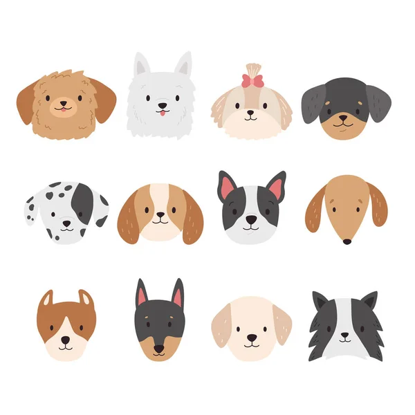 Set Dogs Heads Puppy Faces Collection Cartoon Different Breeds Dogs — ストックベクタ