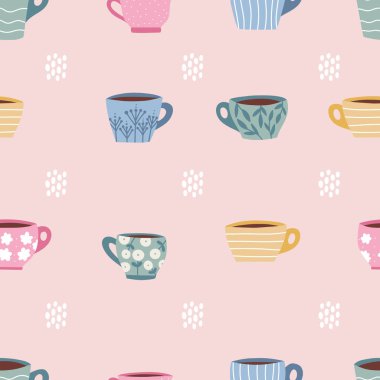 Seamless pattern with cups and mugs. Coffee or tea time. Hand drawn dots. Doodle vector illustration.