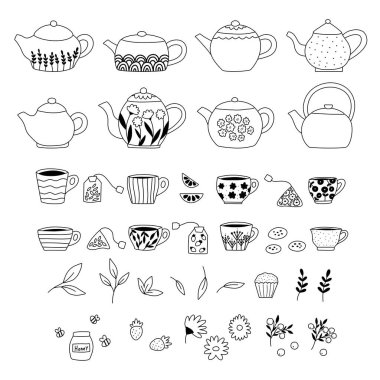 Doodle tea pot and cup collection. Hand drawn cookies, berries, honey, lemons, daisy flowers and sweets. Black and white vector illustrations for cafe and restaurant menu design.