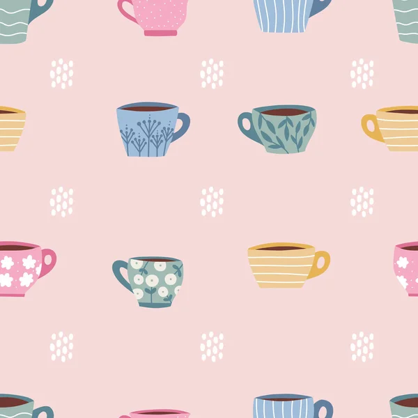 Seamless Pattern Cups Mugs Coffee Tea Time Hand Drawn Dots — Vetor de Stock