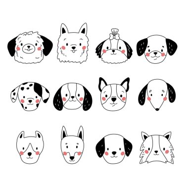 Doodle dogs faces. Hand drawn puppies heads. Different cartoon breeds of dogs. Vector illustration.