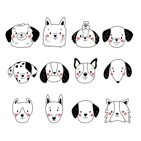 Doodle Dogs Faces Hand Drawn Puppies Heads Different Cartoon Breeds — 스톡 벡터