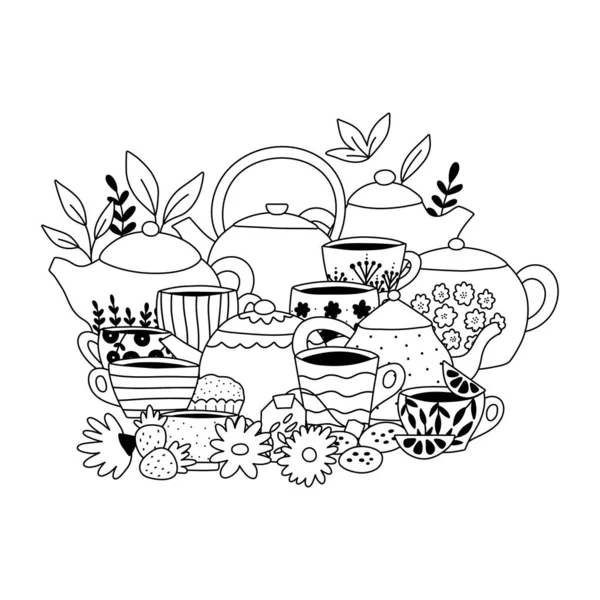Doodle Χρωματισμός Σελίδα Γλάστρες Τσάι Φλυτζάνια Φύλλα Φράουλα Και Μαργαρίτα — Διανυσματικό Αρχείο