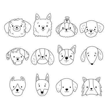 Doodle coloring page with dogs faces. Black and white puppies heads. Cartoon breeds of dogs. Hand drawn pets. Vector illustration.