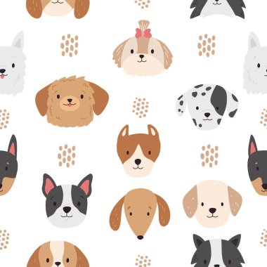 Seamless pattern with dogs heads and hand drawn dots on white background. Cartoon puppy faces. Different breeds of dogs. Vector illustration.