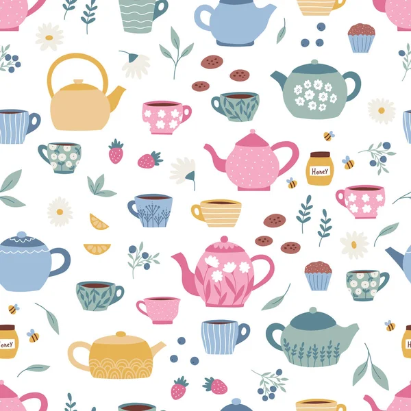 Seamless Pattern Tea Pots Cups Mugs Honey Strawberry Cookies White — Stock Vector