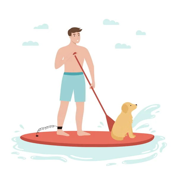 Man Stand Paddle Board Dog Flat Cartoon Character Summer Outdoor — ストックベクタ