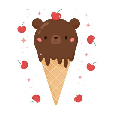 Kawaii dondurma ve vişneli waffle külahı. Çikolata tadı. Çizgi film yiyecekleri tatlı fırını ürünü. Vektör illüstrasyonu.