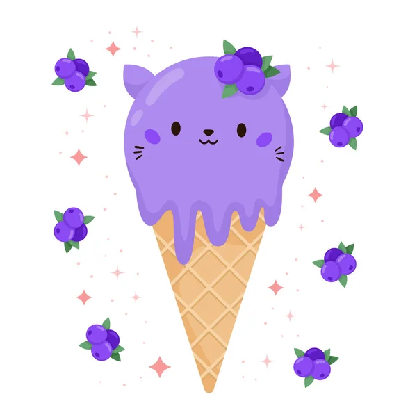 Gelato Gatto Kawaii Con Mirtillo Gattino Rotondo Nel Cono Della — Vettoriale Stock