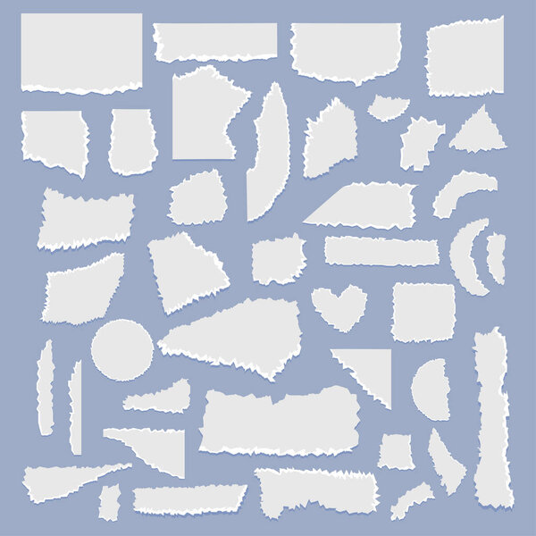 Серая бумага порвана белым краем для коллажа. Разные геометрические формы. Порезы от бумаги. Векторные объедки.
