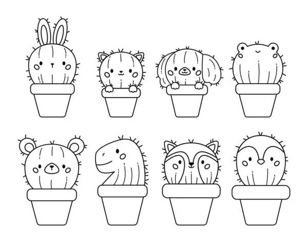 Coloring Page Funny Cactus Flowerpots Cactus Shape Animals Kawaii Bunny — Stock Vector