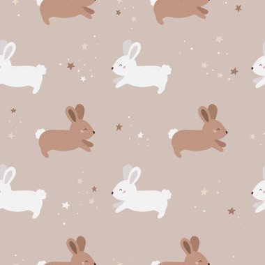 Tavşan ve yıldızlı kusursuz desen. El çizimi kahverengi ve beyaz tavşanlar. Nötr bej rengi. Tekstil, parmak izi, duvar kağıdı ve ambalaj kağıdı için mükemmel. Vektör illüstrasyonu.