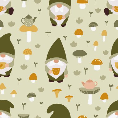 Şirin cüceleri, çay fincanları ve mantarları olan kusursuz bir desen. Peri masalı karakterleri. Çizgi film orman cüceleri. Vektör illüstrasyonu.
