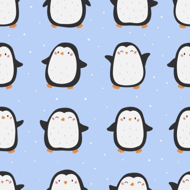 Mavi arka planda sevimli penguenler olan çocuksu, pürüzsüz bir şekil. El çizimi çizgi film karakterleri. Noel vektör illüstrasyonu.