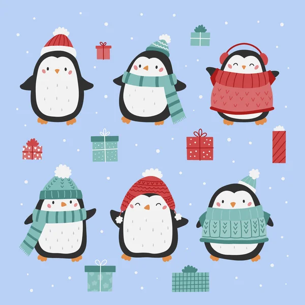 暖かい服にペンギンのセット 手描き漫画のキャラクター クリスマスプレゼント付きの鳥 冬休みのベクトルイラスト — ストックベクタ