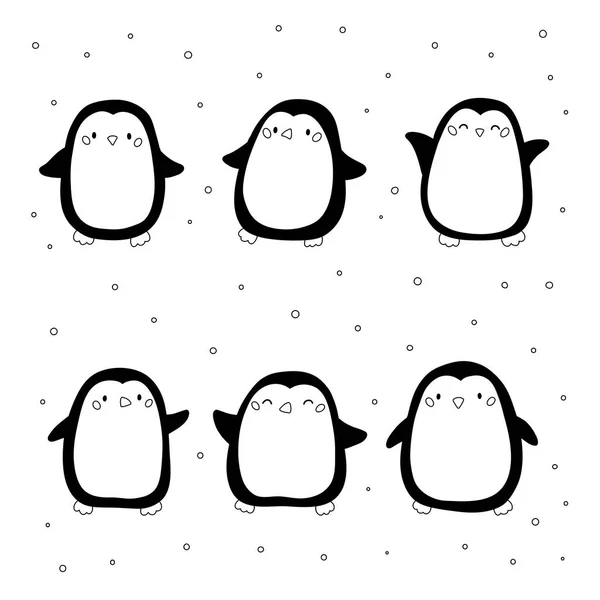 Ručně Kreslení Tučňáci Roztomilé Animované Zvíře Omalovánky Pro Děti Zimní — Stockový vektor
