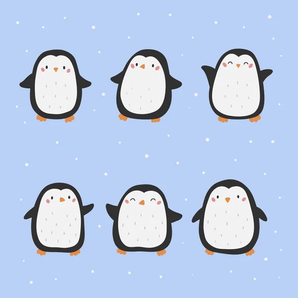 Set Simpatici Pinguini Sfondo Blu Uccelli Dei Cartoni Disegnati Mano — Vettoriale Stock