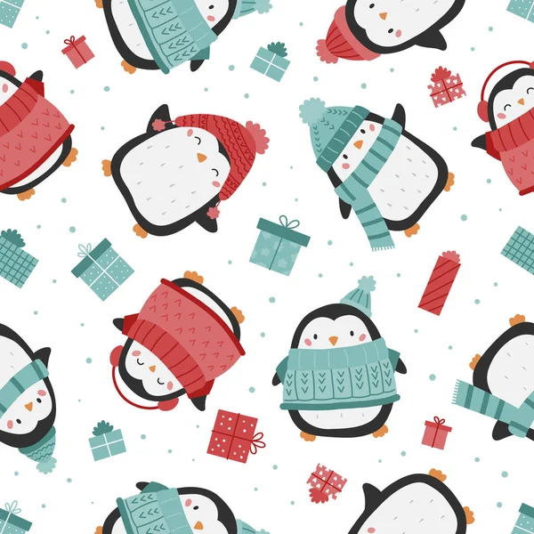 暖かい服のペンギンと子供のシームレスなパターン 手描きのクリスマスプレゼント 漫画の鳥 冬休みだ ベクターイラスト — ストックベクタ